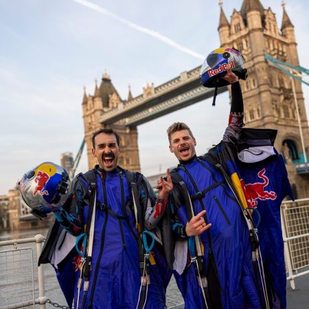 Marco Fuerst and Marco Waltenspiel of Austria are seen after their flight through Tower Bridge in London, Great Britain on May 12, 2024. // Joerg Mitter / Red Bull Content Pool // SI202405120442 // Usage for editorial use only //