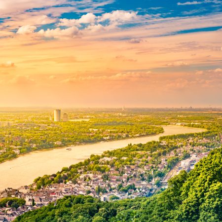 Panorama view from the Drachenburg hill, Drachenfelsen to the river Rhine and the Rhineland, Bonn, Germany, Europe