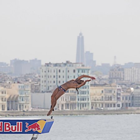 Orlando Duque of Colombia dives from the 27 meter platform on Morro Castle during the first stop of the Red Bull Cliff Diving World Series in Havana, Cuba on May 10th, 2014 // SI201405110200 // RBMN / Red Bull Cliff Diving World Series / 2014 / Havana, Cuba // Camilo Rozo / Red Bull Content Pool